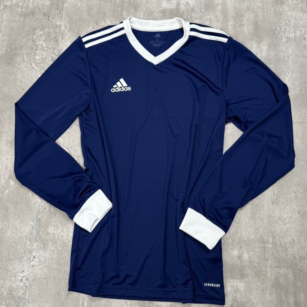 Adidas Mens Aeroready Long Sleeve Football Shirt Navy Blue White V-Neck Small